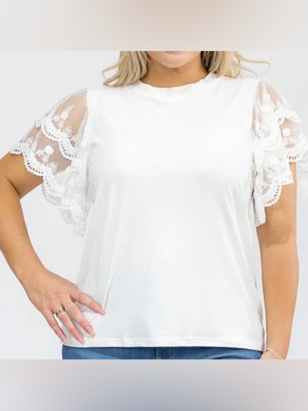 New Womens Mainstrip Casual White Crewneck Short Ruffle Cap Sleeve T-Shirt 3XL